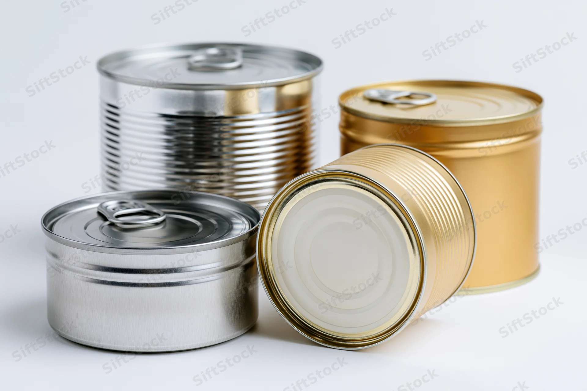 Four unlabeled metal food tins of varying sizes grouped together on a white surface