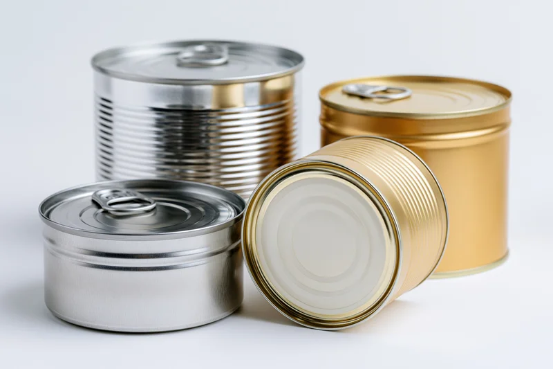Four unlabeled metal food tins of varying sizes grouped together on a white surface