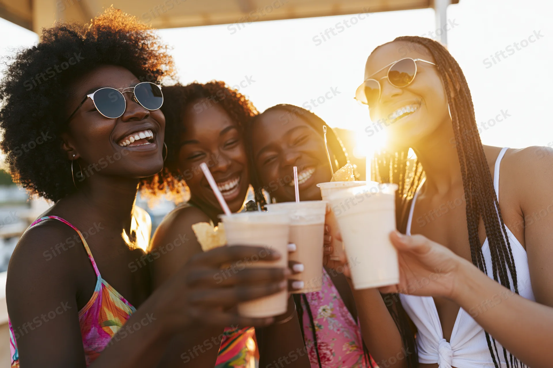 Four young women laughing and toasting with plastic cups at sunset on the beach