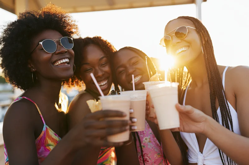 Four young women laughing and toasting with plastic cups at sunset on the beach