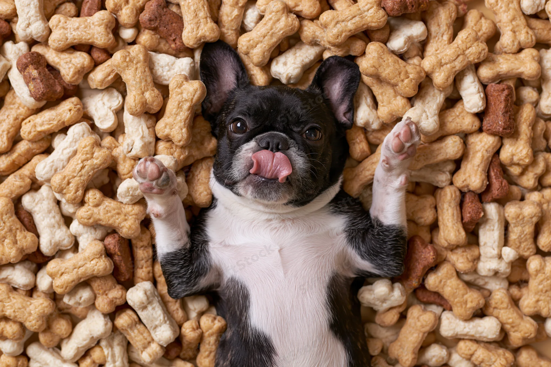 Frenchbulldog puppy lying on its back with tongue out surrounded by bone-shaped dog treats