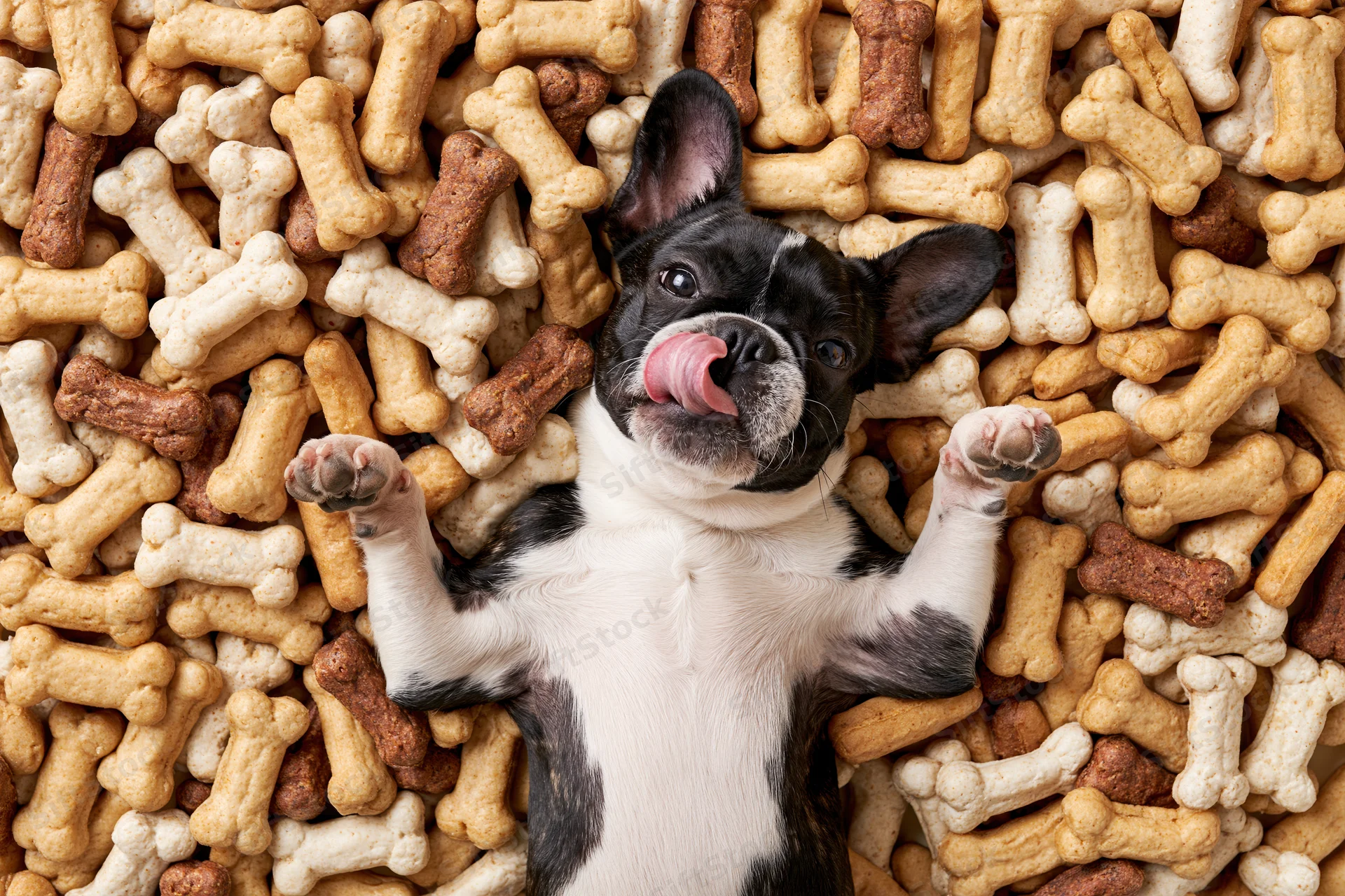 Frenchbulldog puppy lying on back with tongue out surrounded by dog bone treats in studio flat lay view