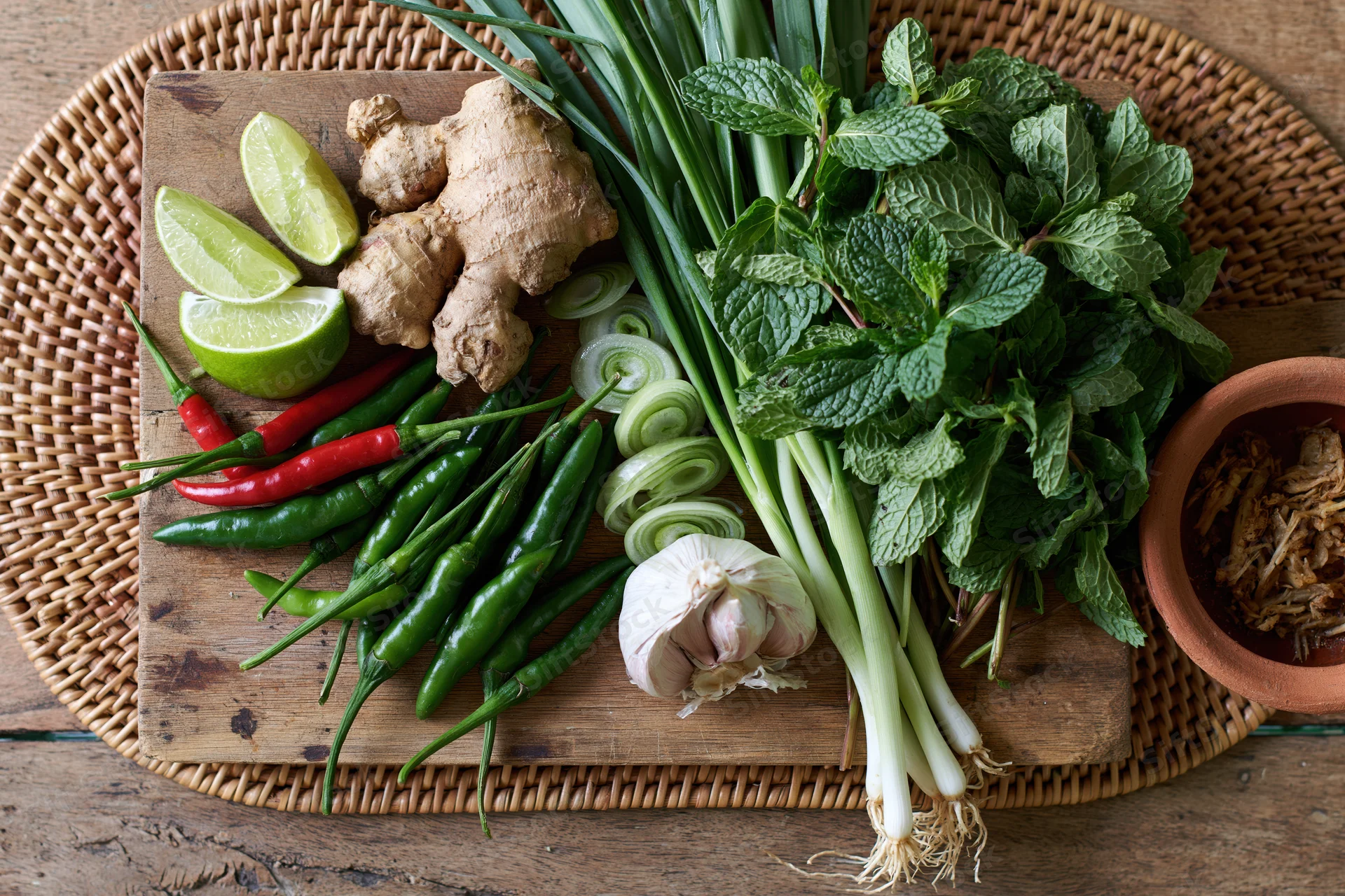 Fresh vietnamese pho ingredients arranged on a wooden cutting board with herbs and spices