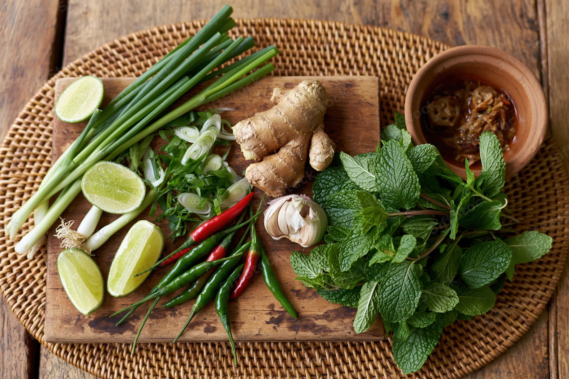 Vietnamese pho herbs and ingredients arranged on a wooden cutting board with wicker tray