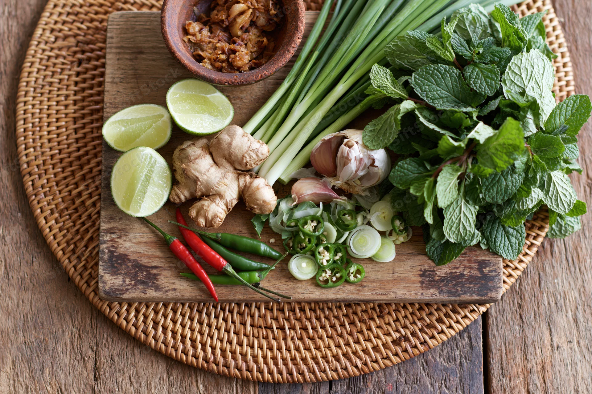 Fresh vietnamese pho ingredients arranged on a wooden cutting board with mint, lime, ginger, garlic, chilies and green onions