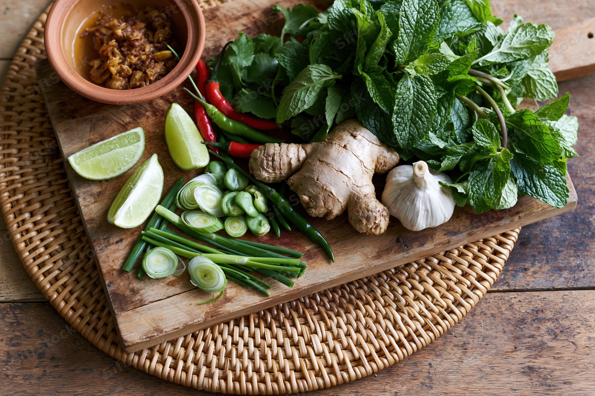 Fresh vietnamese pho herbs and ingredients arranged on a wooden cutting board on a woven placemat