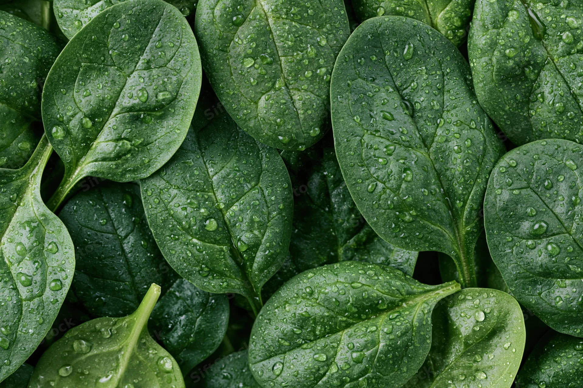 Closeup of fresh baby spinach leaves covered in water droplets