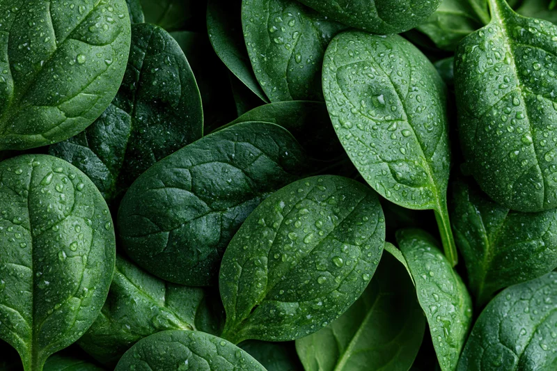 Closeup of fresh baby spinach leaves covered in water droplets