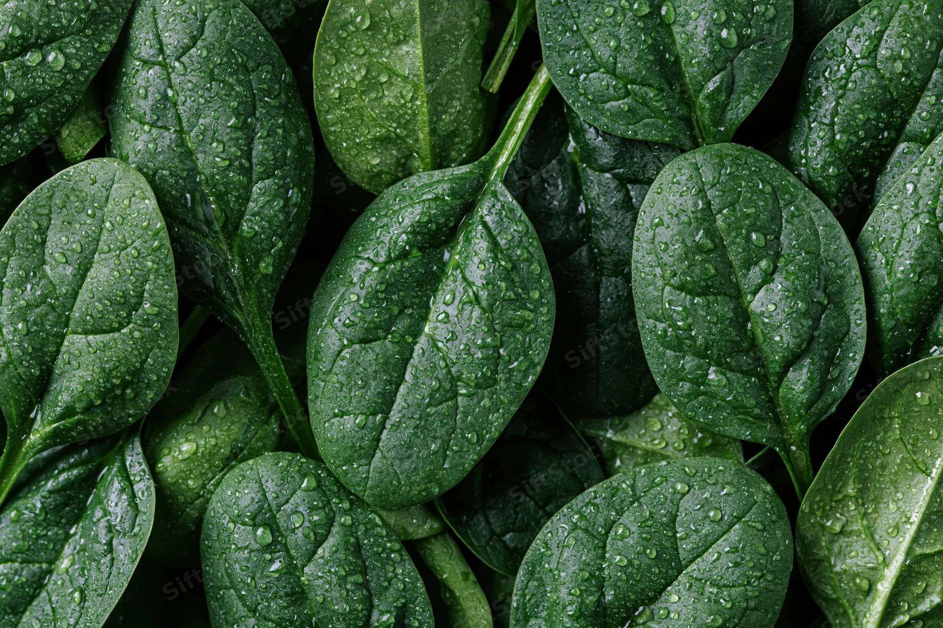 Closeup of fresh baby spinach leaves covered in water droplets