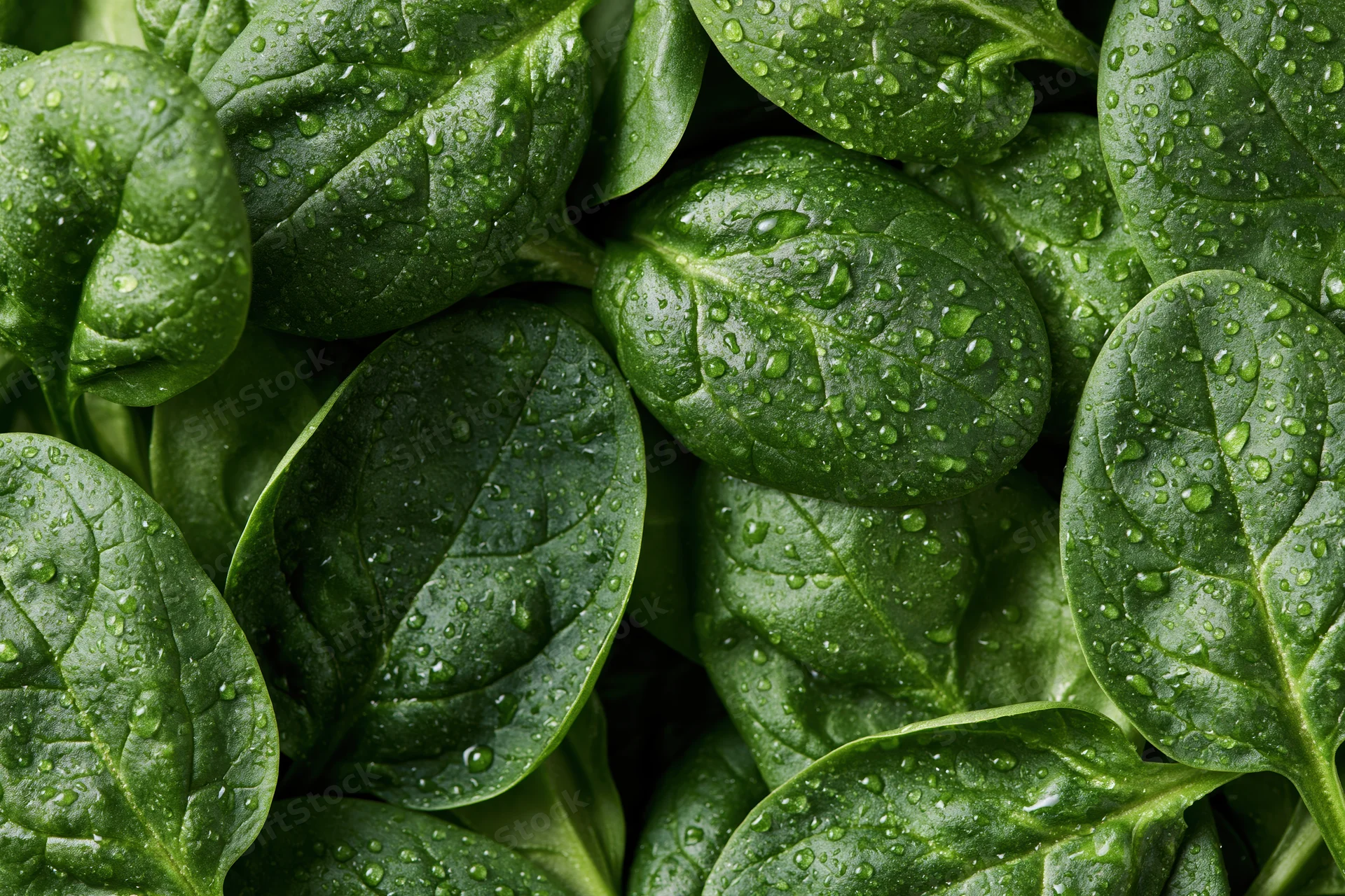 Closeup of fresh baby spinach leaves covered in water droplets