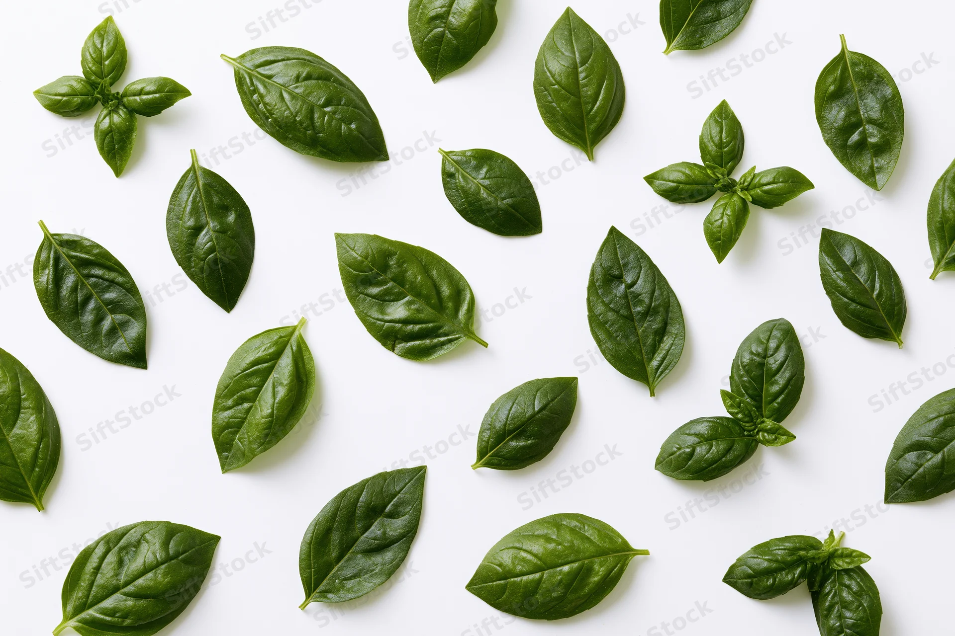Fresh basil leaves scattered on white surface in flat lay arrangement