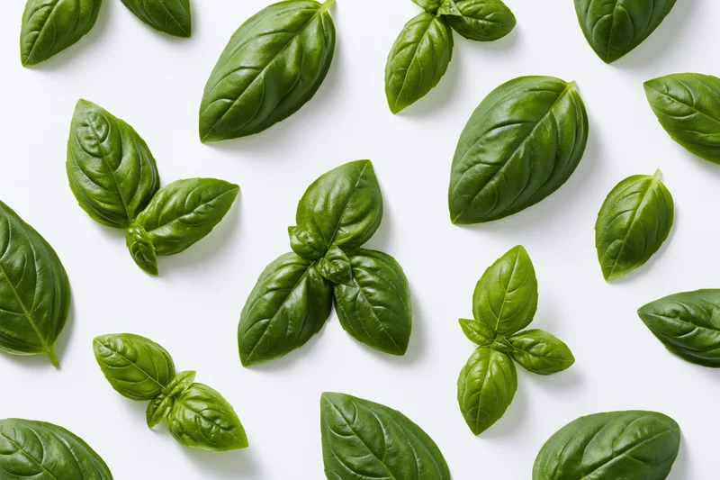 Fresh basil leaves scattered on white surface in flat lay arrangement