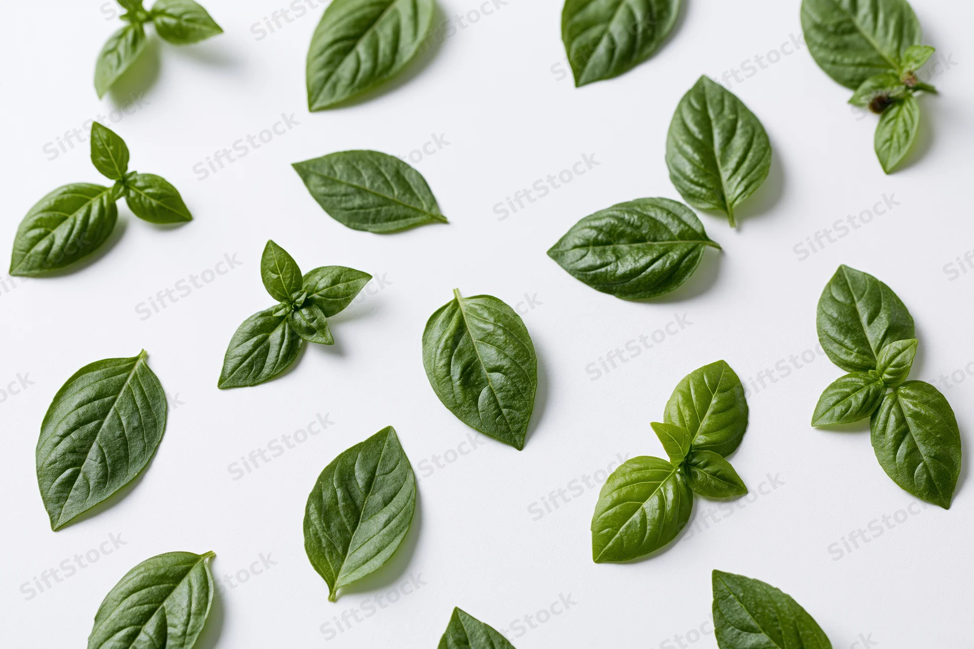 Fresh basil leaves scattered individually and in small pairs on white background