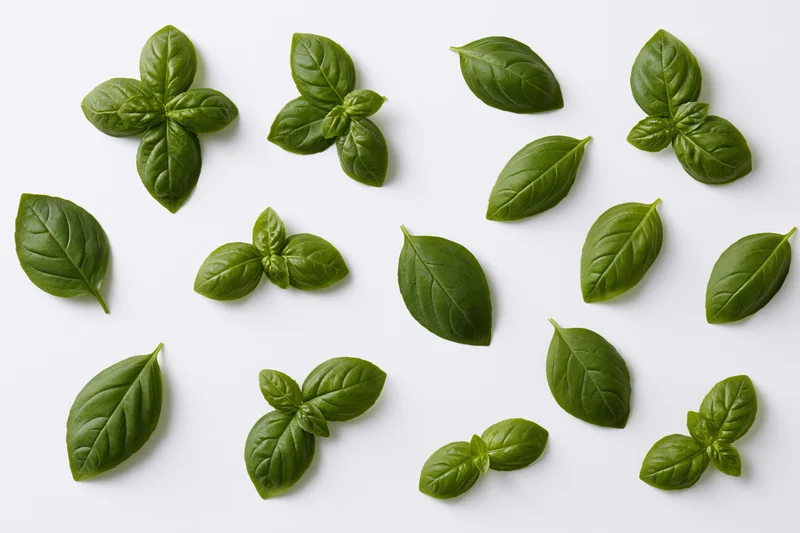 Fresh basil leaves scattered individually and in small pairs on white background