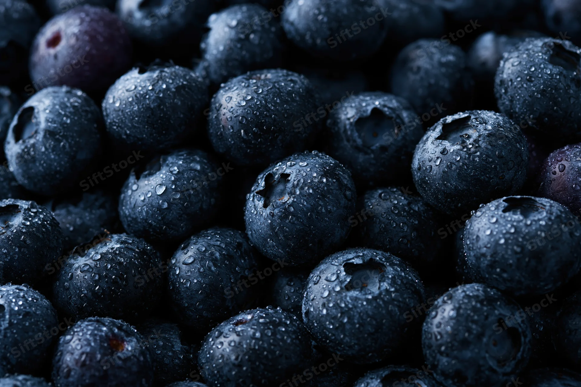 Closeup of fresh blueberries covered in water droplets filling the frame
