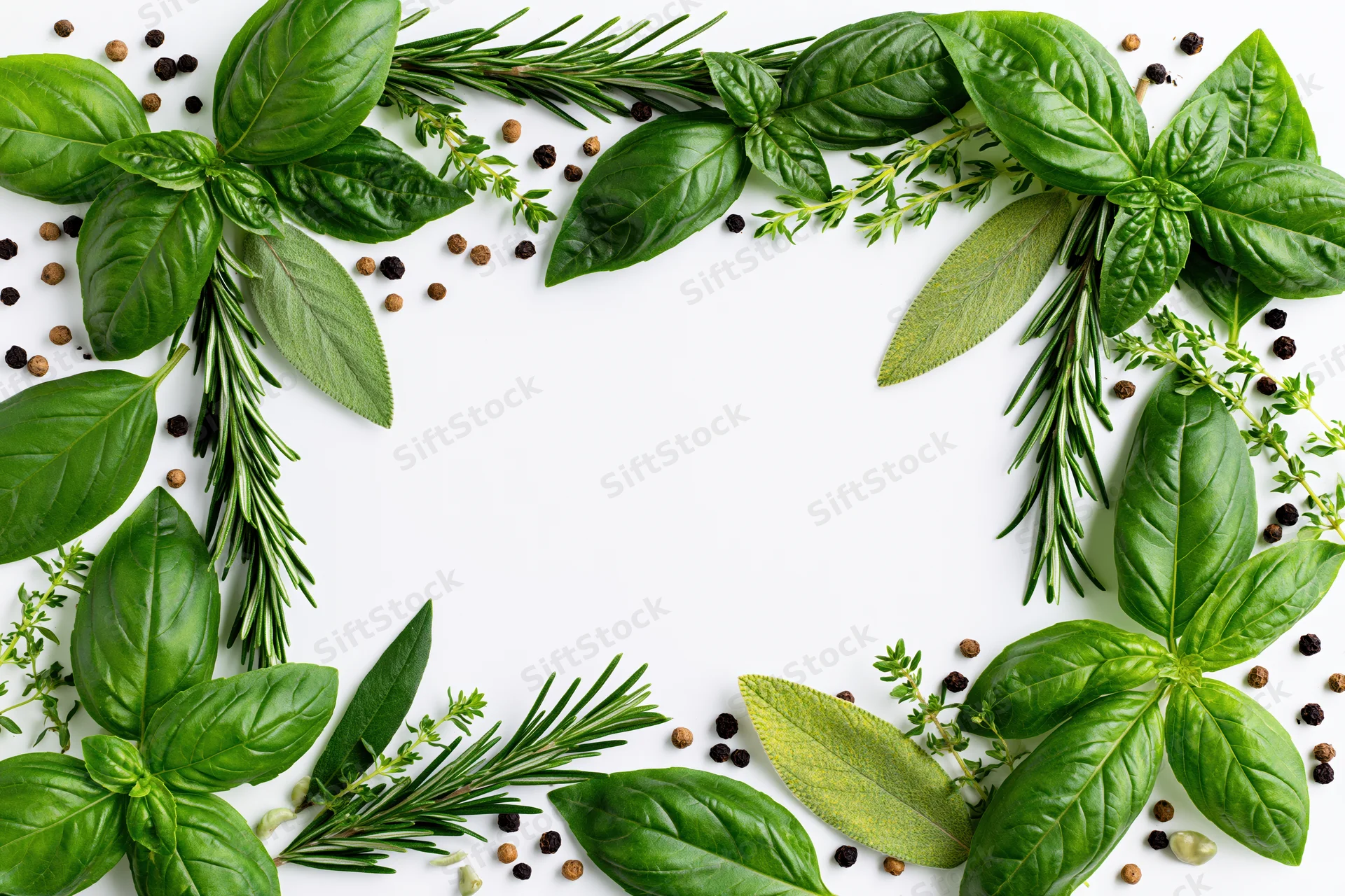 Fresh culinary herbs arranged in a flat lay border frame on white background