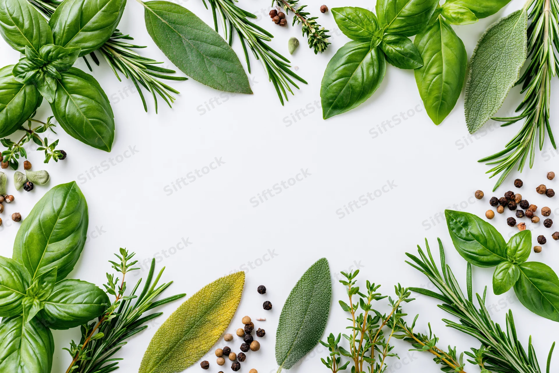 Fresh culinary herbs arranged in a flat lay border frame on white background