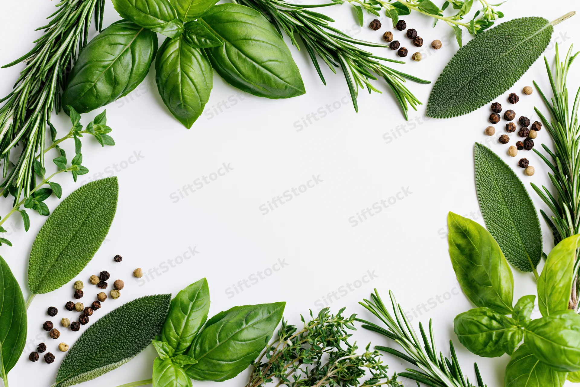 Fresh culinary herbs arranged in a flat lay border frame on white background with copyspace