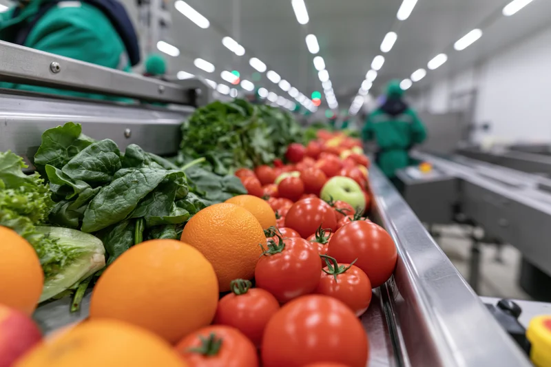 Fresh fruits and vegetables moving along a conveyor belt in a food processing facility