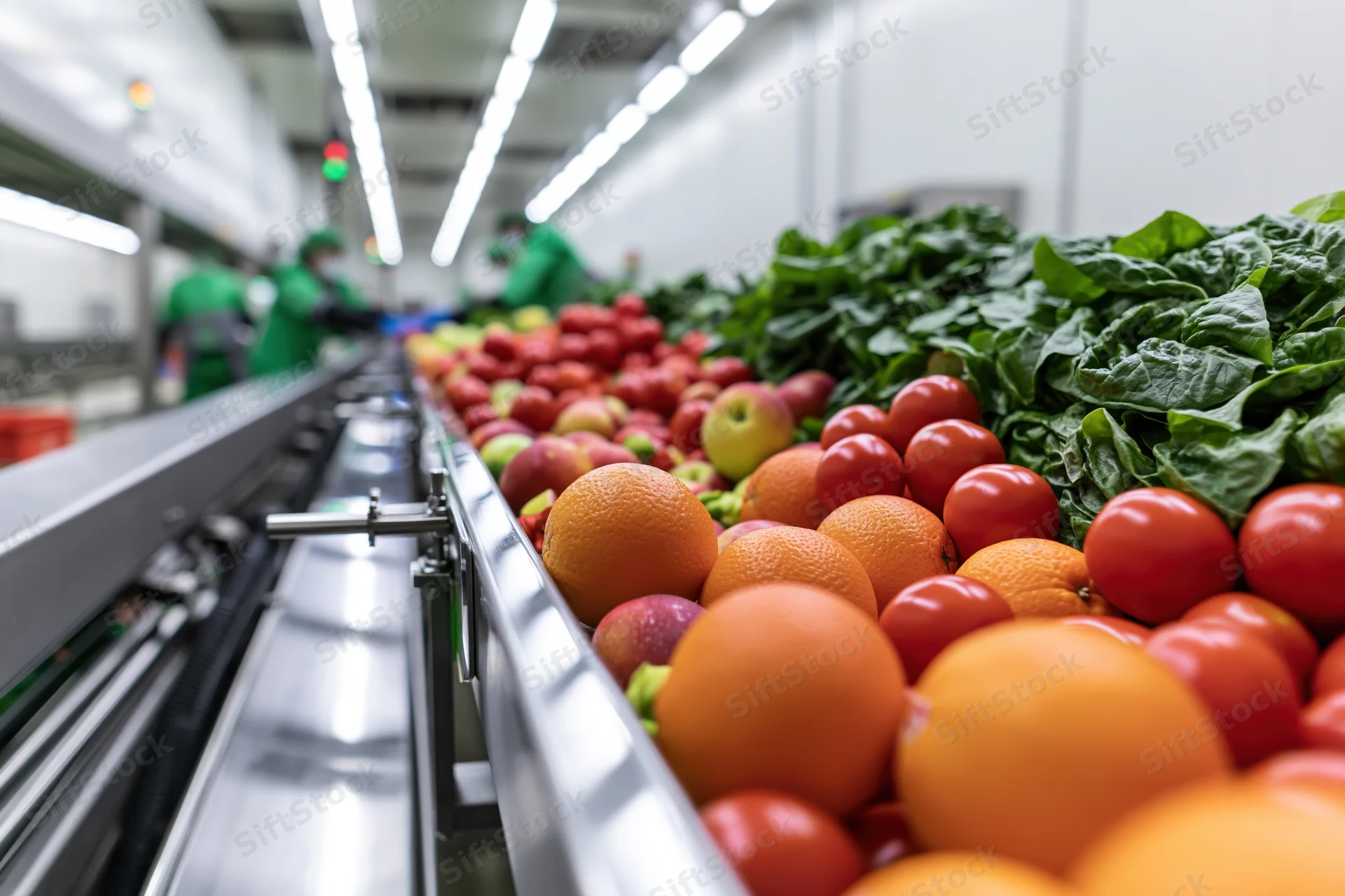 Fresh fruits and vegetables moving along a conveyor belt in a food processing facility