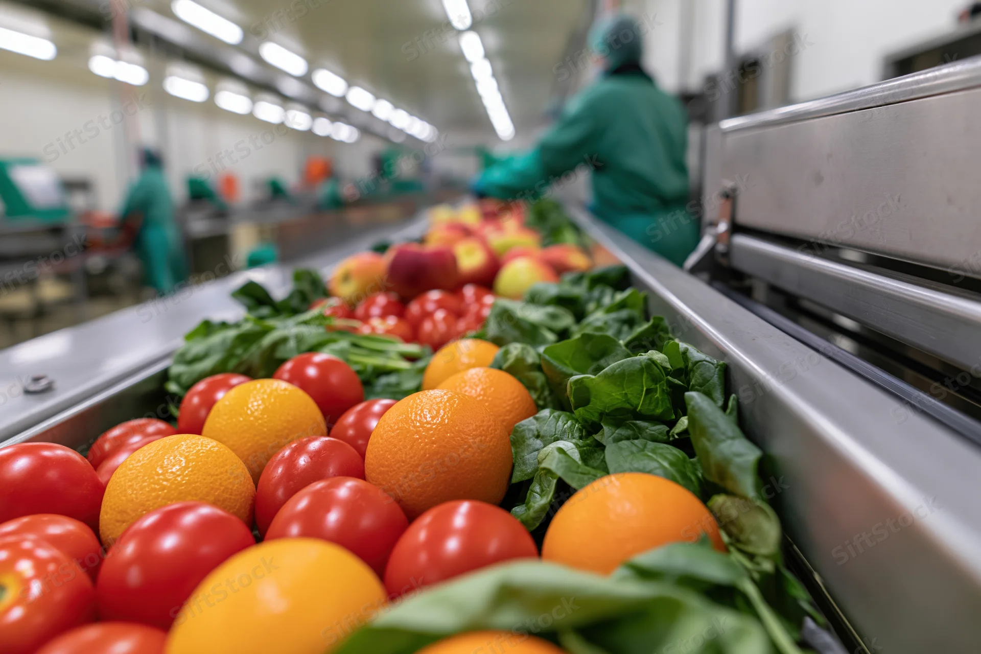 Fresh produce moving along a conveyor belt in a food processing facility