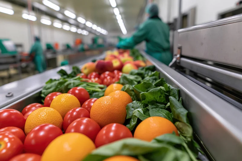 Fresh produce moving along a conveyor belt in a food processing facility