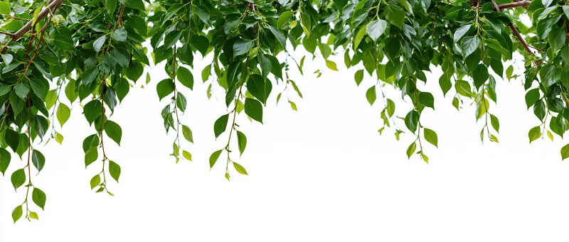 Drooping green leaves from tree branches against white background