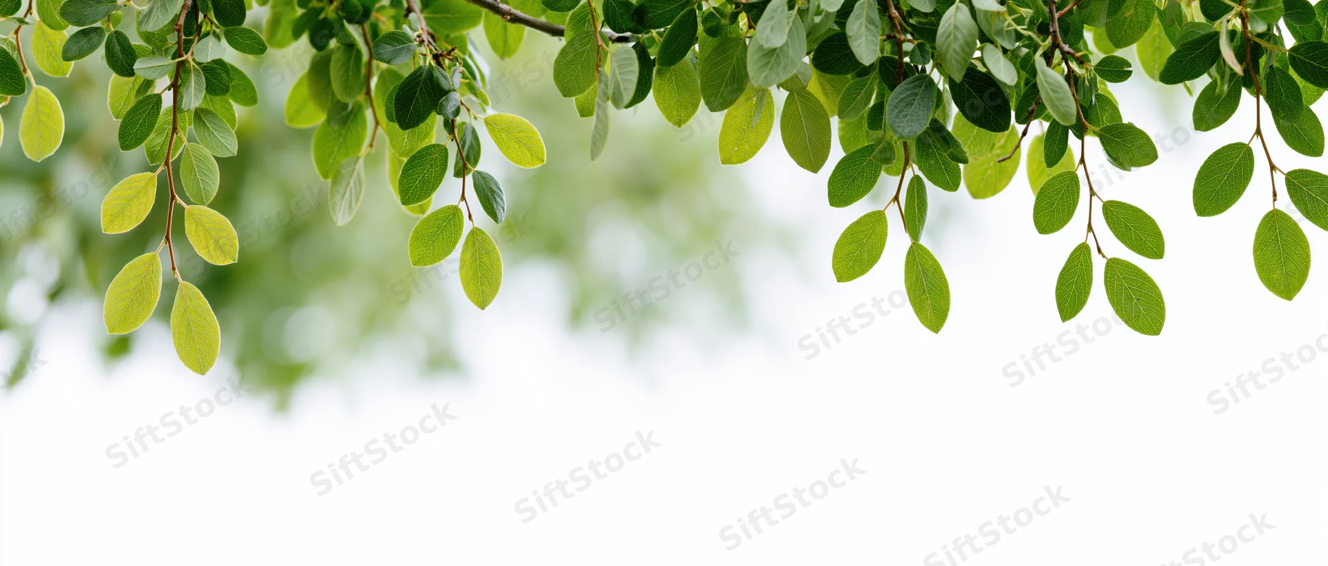 Green leaves hanging from tree branches against white background with copyspace below