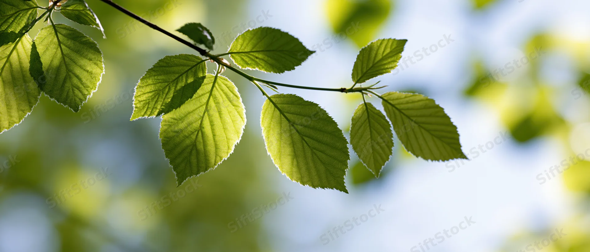 Fresh green leaves on a slender branch backlit by bright sunlight in a natural outdoor setting