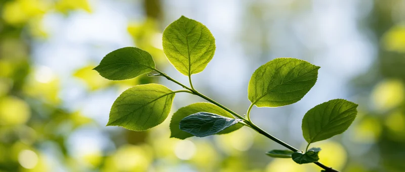 Closeup of fresh green leaves on a slender branch backlit by sunlight in a natural setting