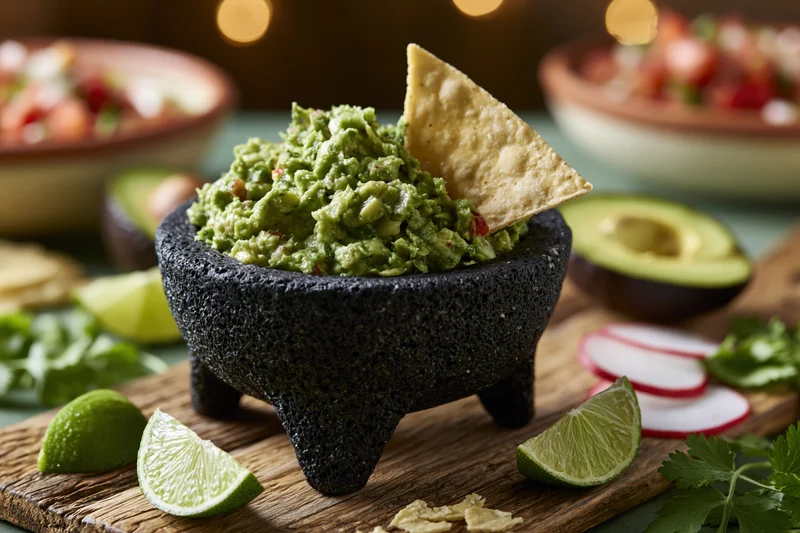 Guacamole in a black stone molcajete with tortilla chip on wooden board surrounded by lime, cilantro, radish, and avocado halves
