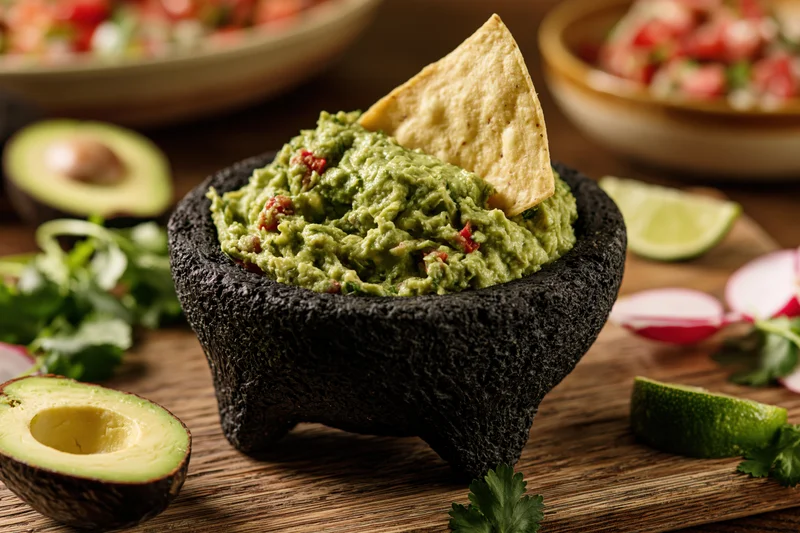 Fresh guacamole in a carved black stone molcajete with a tortilla chip on a wooden table surrounded by ingredients