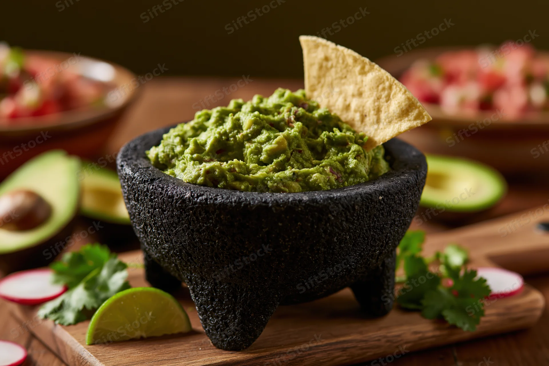 Fresh guacamole in a black stone molcajete with a tortilla chip on a wooden board surrounded by avocado halves, cilantro, lime, and radish slices