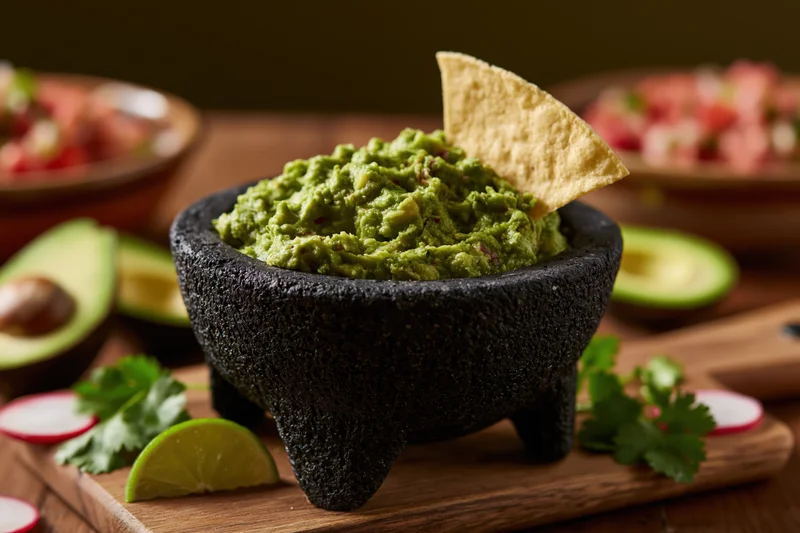 Fresh guacamole in a black stone molcajete with a tortilla chip on a wooden board surrounded by avocado halves, cilantro, lime, and radish slices