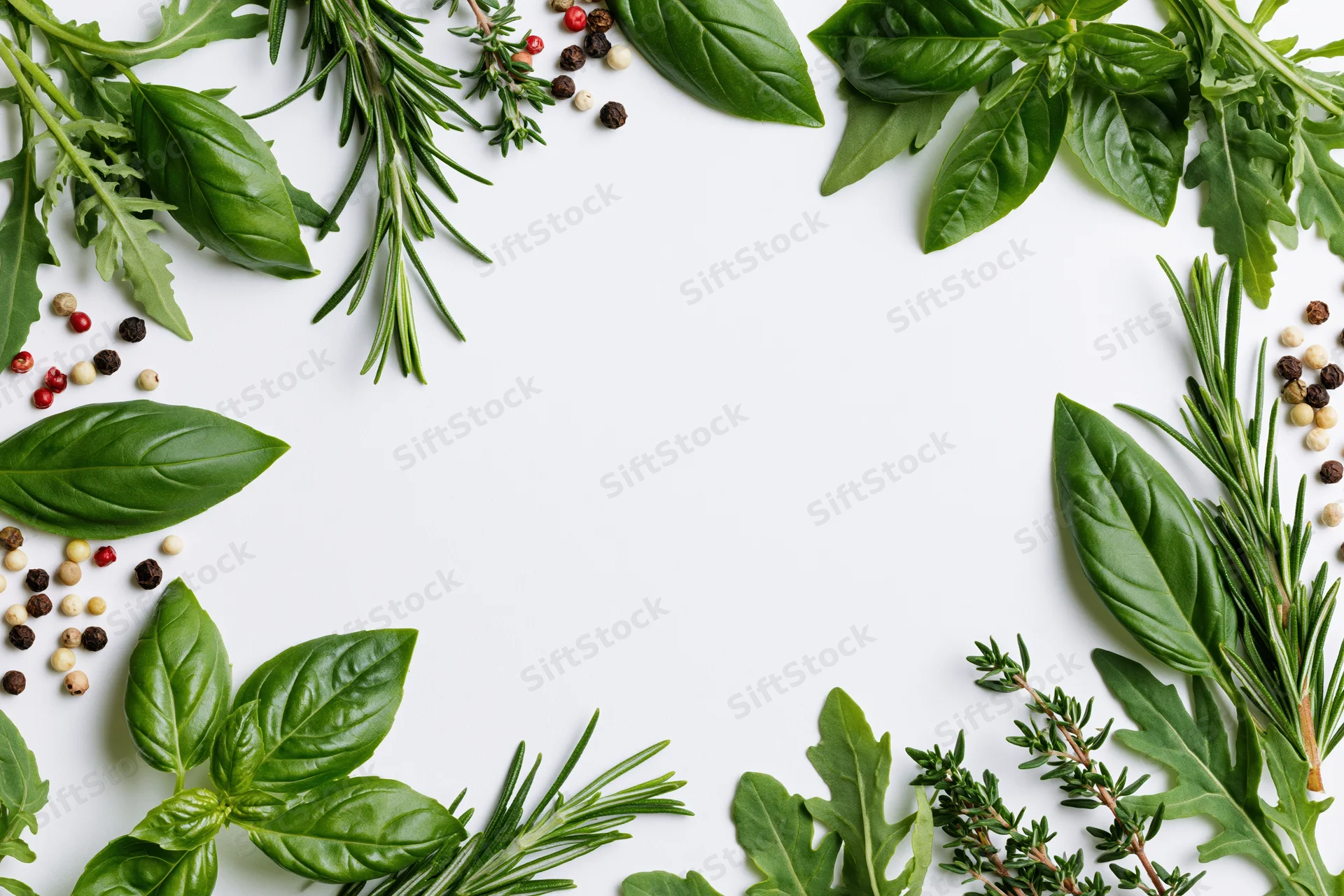 Fresh herbs and spices arranged in a border frame on white background with copyspace