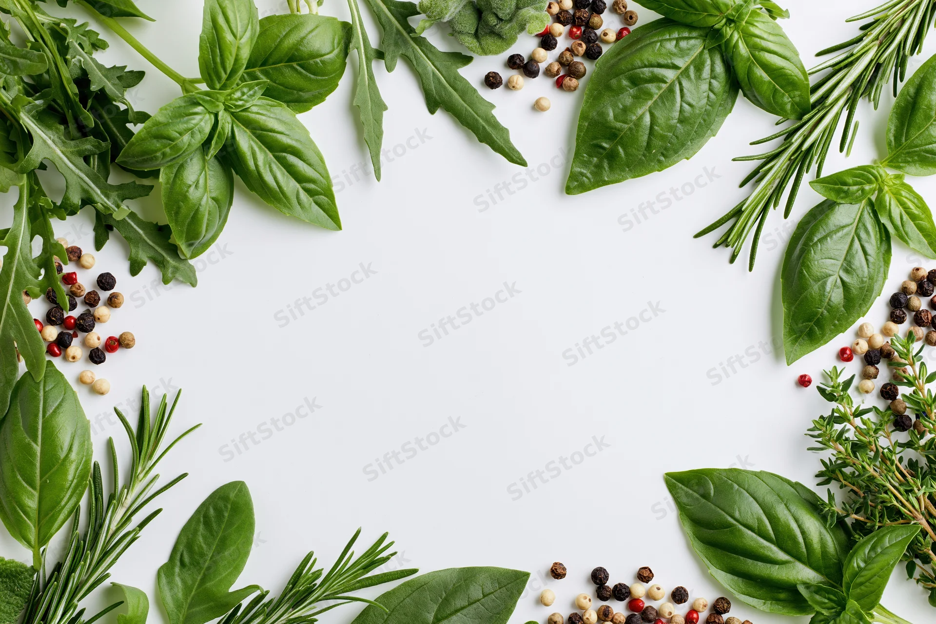 Fresh herbs and spices arranged in a border frame on white surface