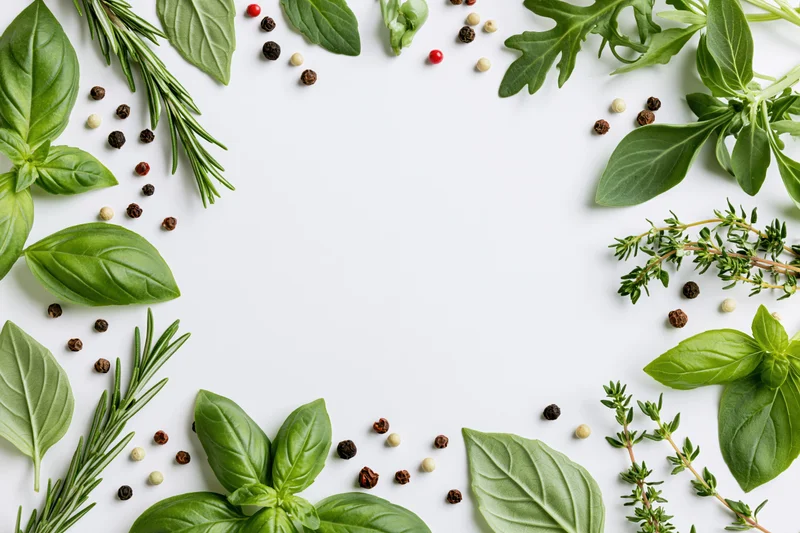 Fresh herbs and spices arranged in a border frame on white background