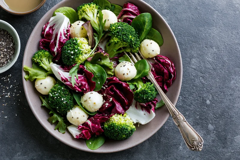 Salad bowl with mozzarella balls and broccoli florets on gray stone surface
