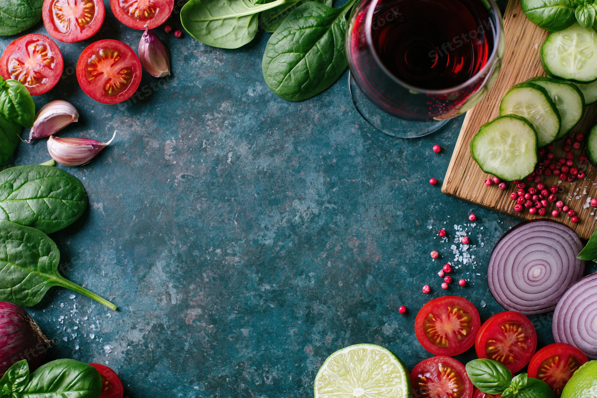 Fresh salad ingredients arranged around edges of dark stone surface with copyspace in center