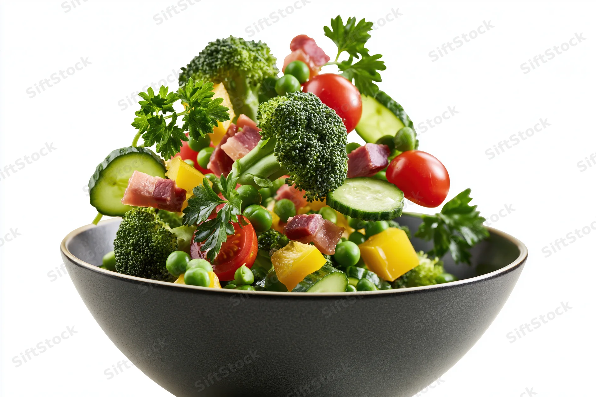 Fresh salad ingredients suspended mid-air above a dark ceramic bowl