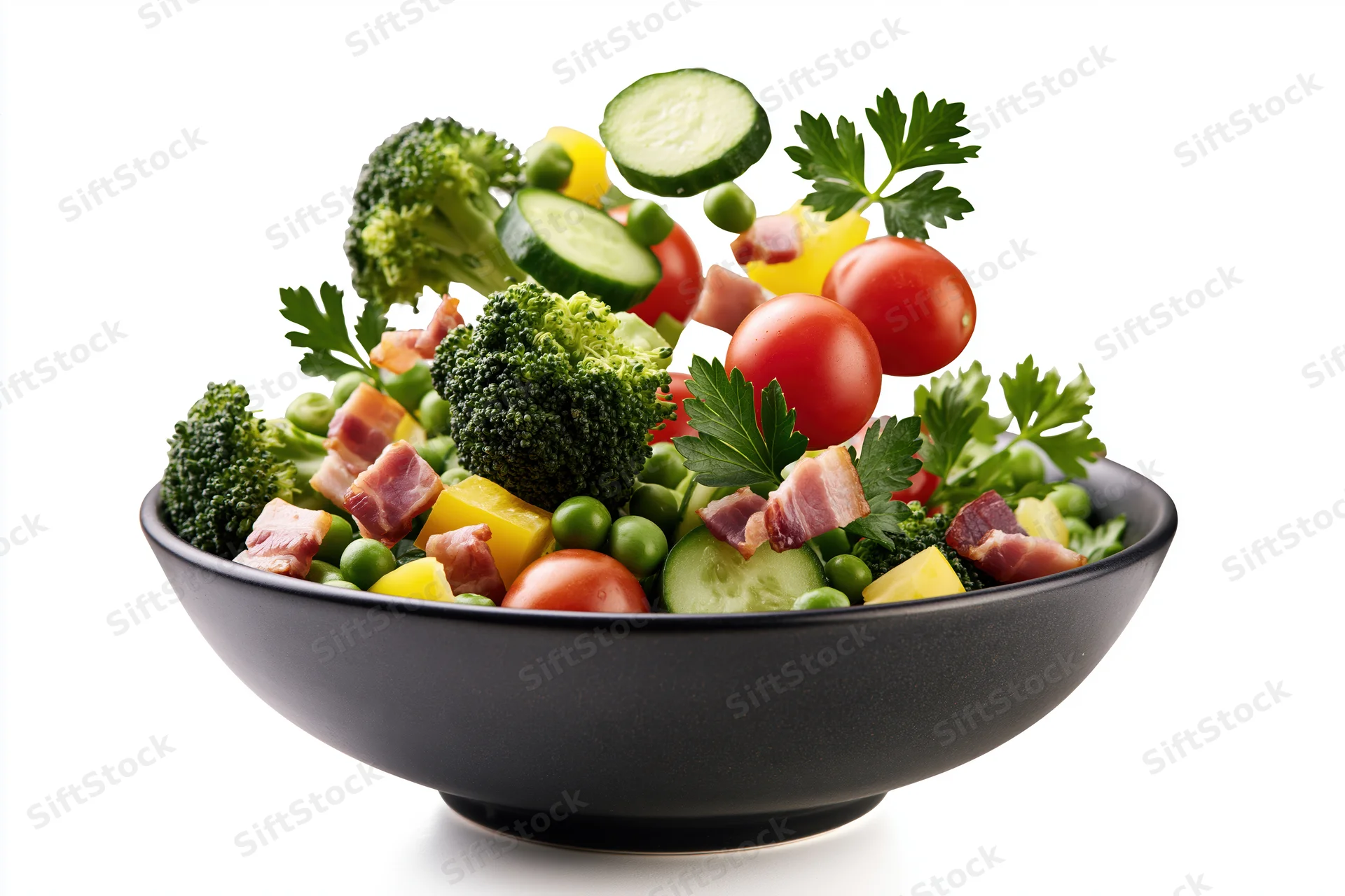 Fresh salad ingredients suspended mid-air above a dark ceramic bowl on white background