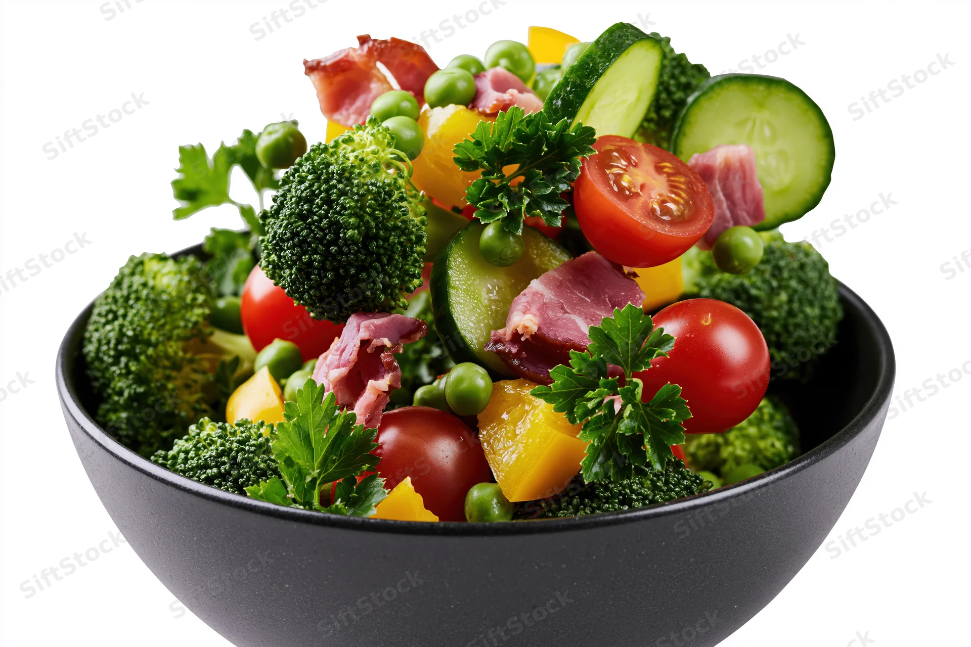 Fresh salad ingredients suspended mid-air above a dark ceramic bowl