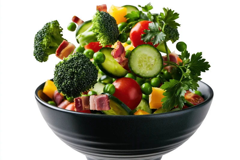 Fresh salad ingredients suspended mid-air above a dark ceramic bowl