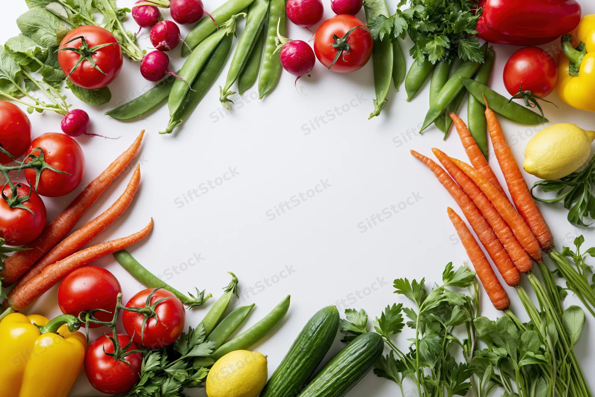 Fresh vegetables and herbs arranged in a flat lay border frame on white background with copyspace