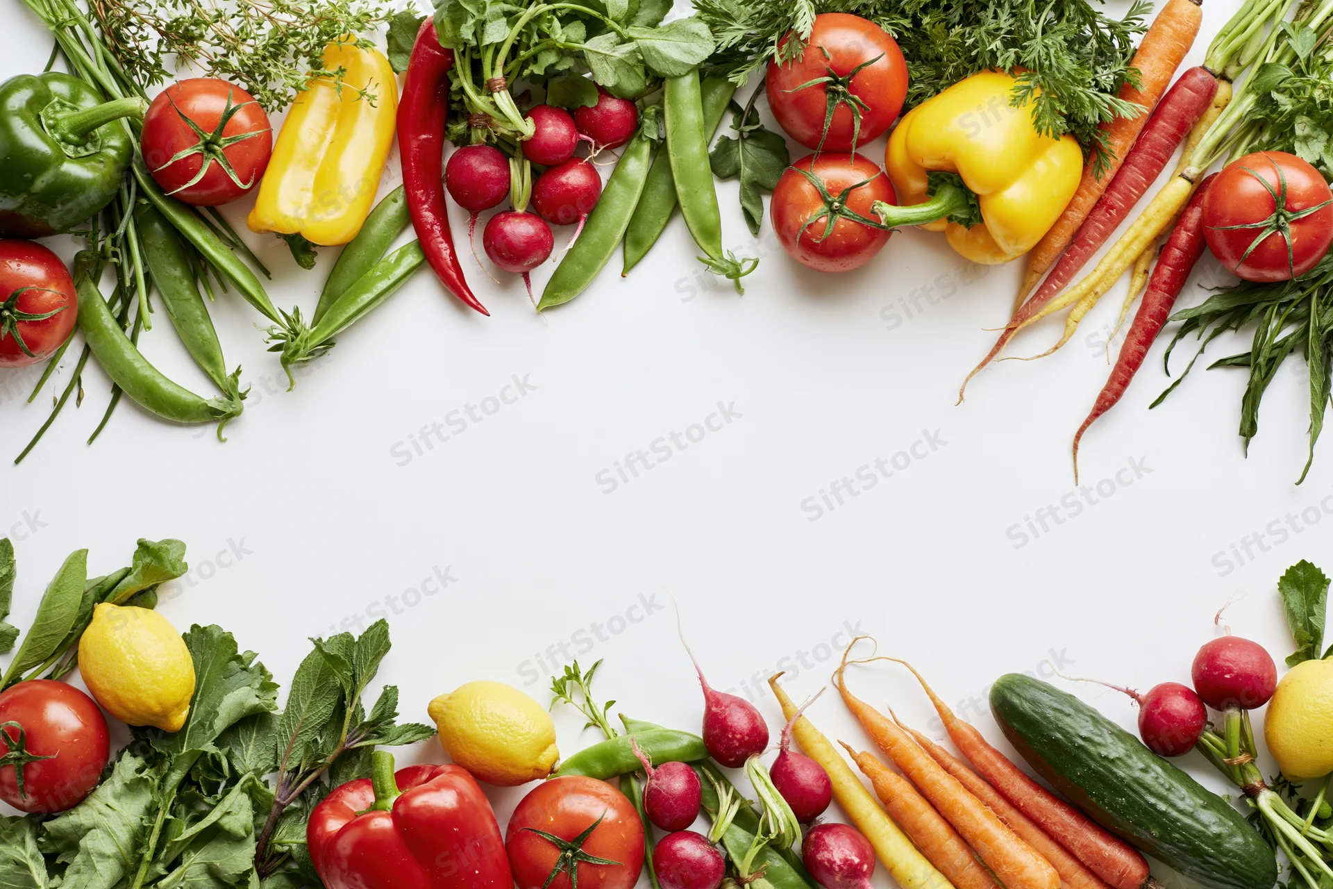 Fresh vegetables and herbs arranged in a flat lay border frame on white surface