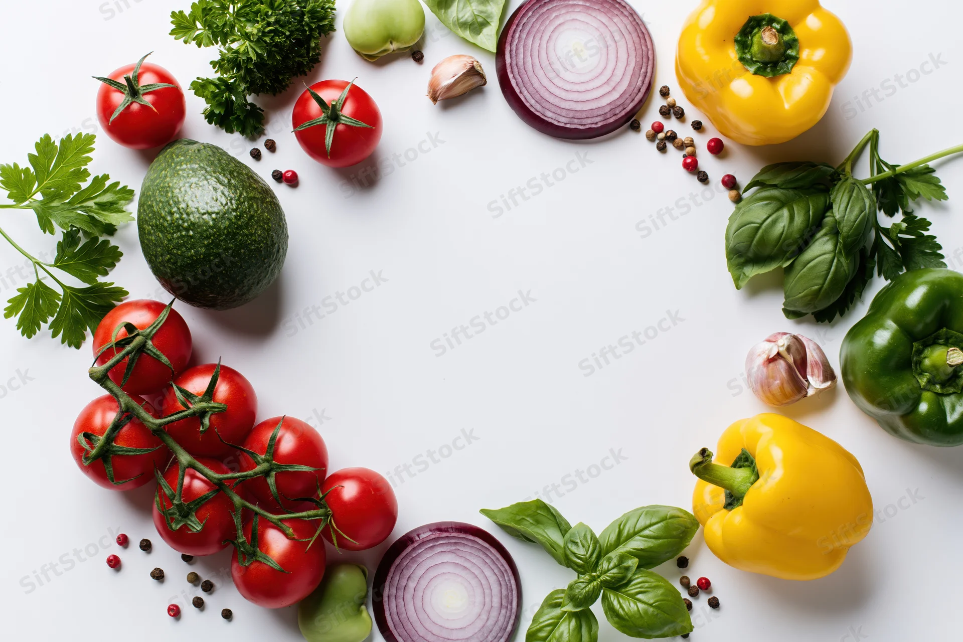 Fresh vegetables and herbs arranged in a loose circular border on white surface with copyspace