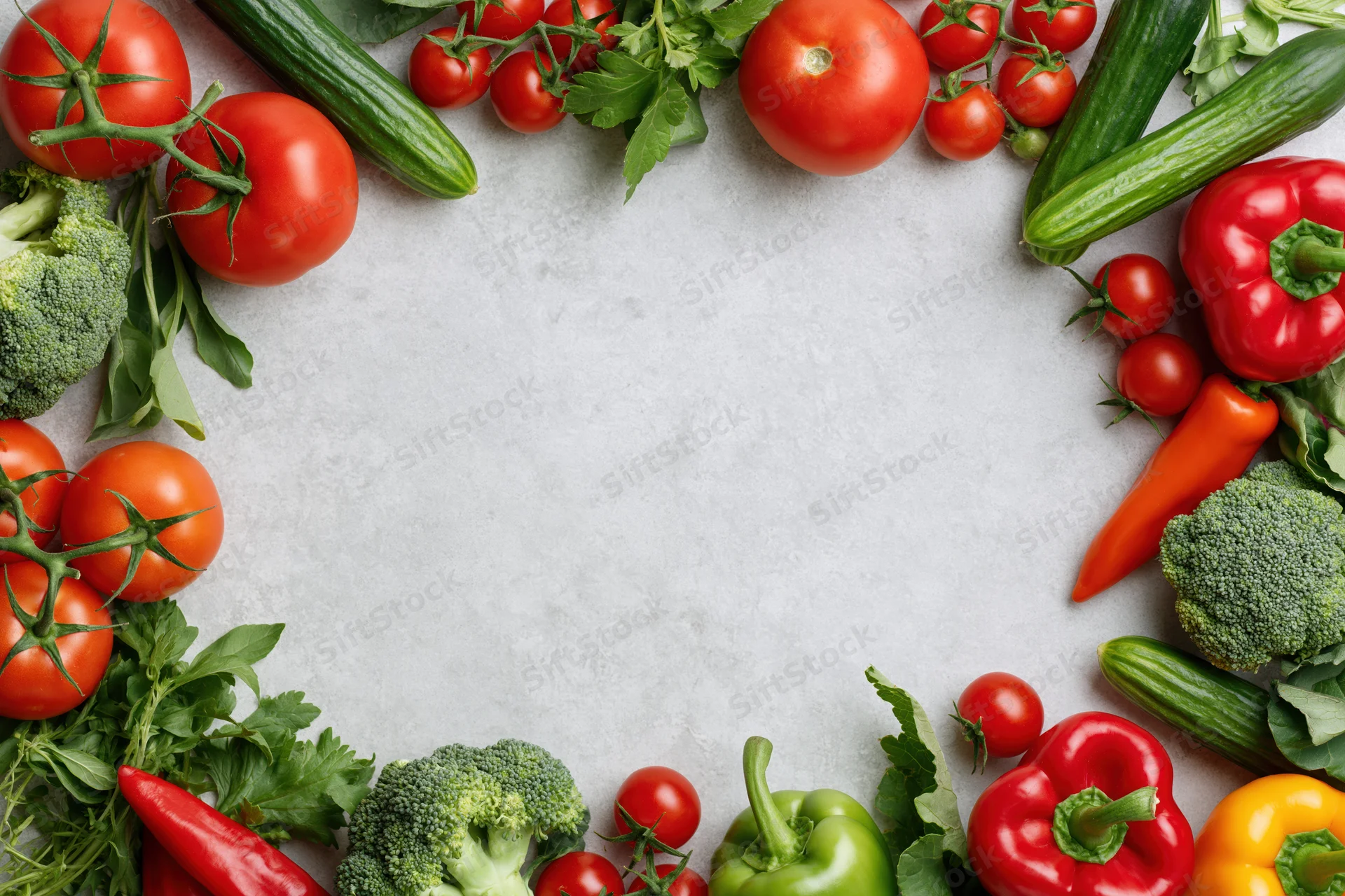 Fresh vegetables arranged in a border frame around a white surface
