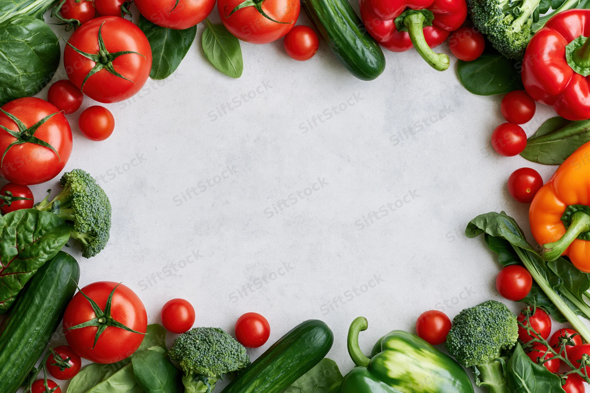 Fresh vegetables arranged in a border frame around a white surface
