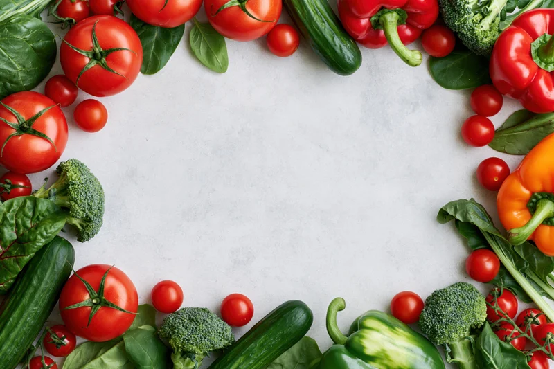 Fresh vegetables arranged in a border frame around a white surface