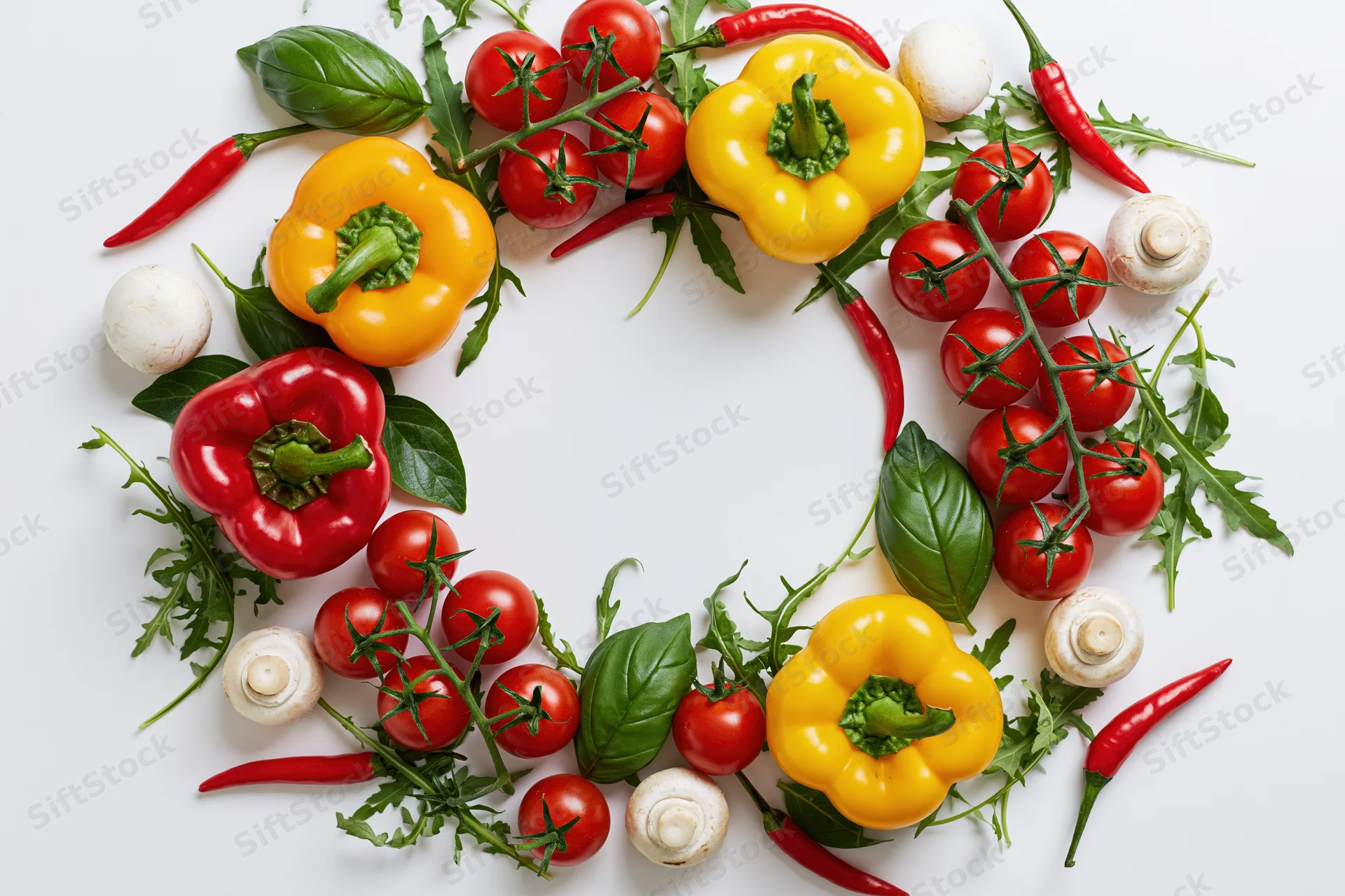 Fresh vegetables arranged in a circular frame on white background